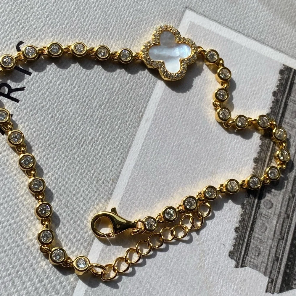 18k gold plated 925 sterling silver mother of Pearl clover bracelet